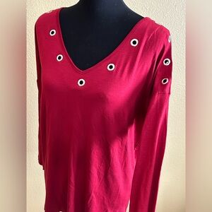 Milan Kiss Red Grommet V-Neck Top with Slit Sleeves